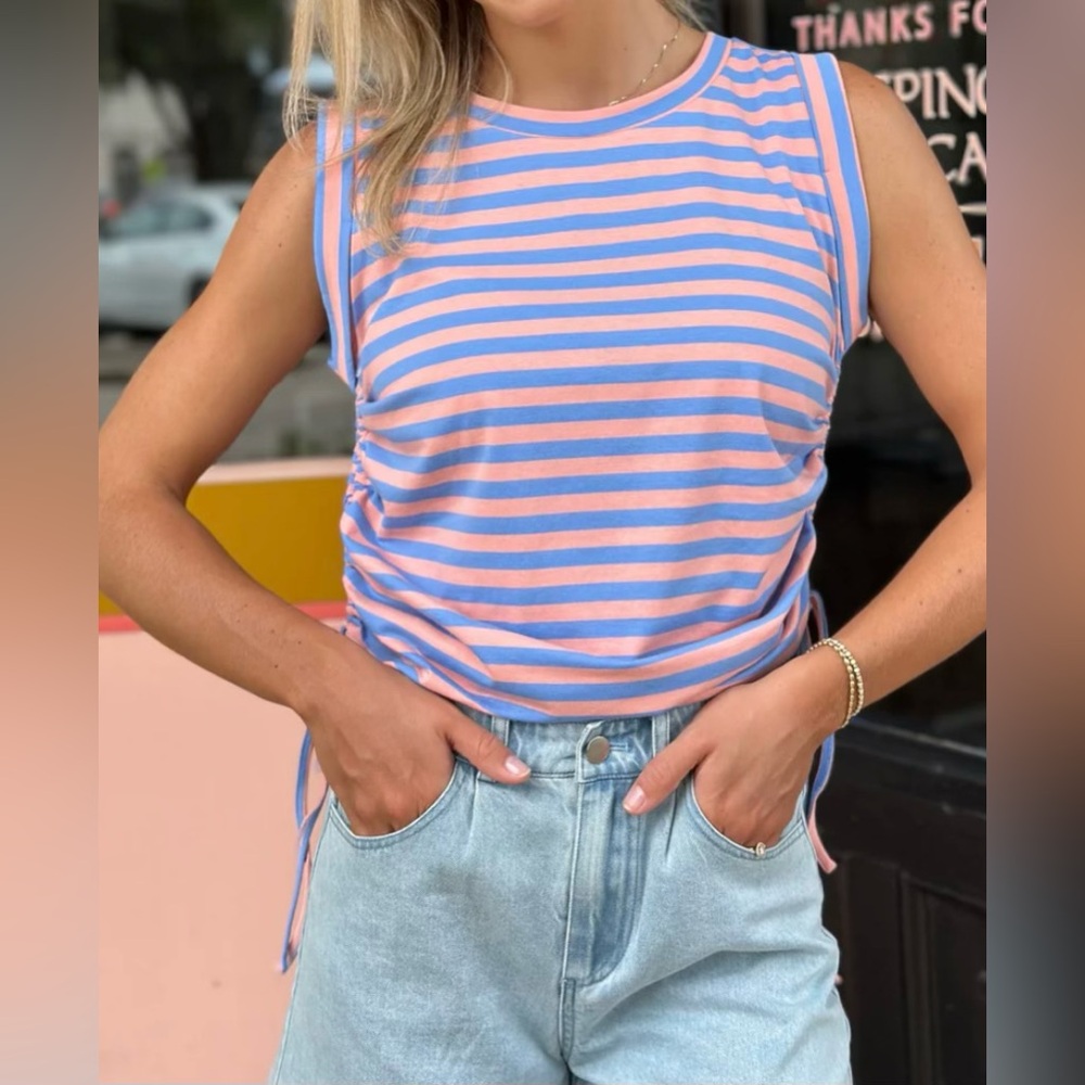 Tank with Peach and blue stripes with tie details on the side